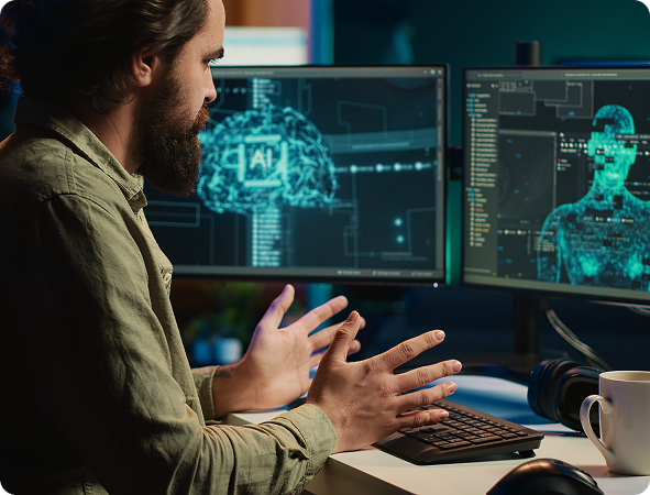 Person looking at computer AI
